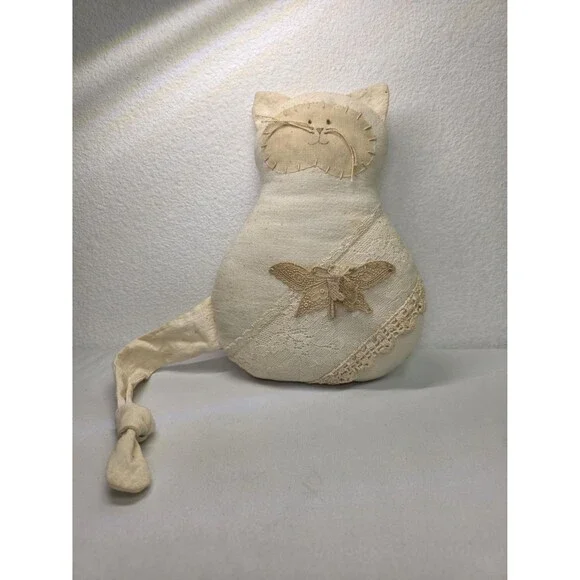 Vintage Handmade Fabric Cat Plush, Shabby Chic Lace Kitty Doll Cottagecore Decor - Picture 1 of 6
